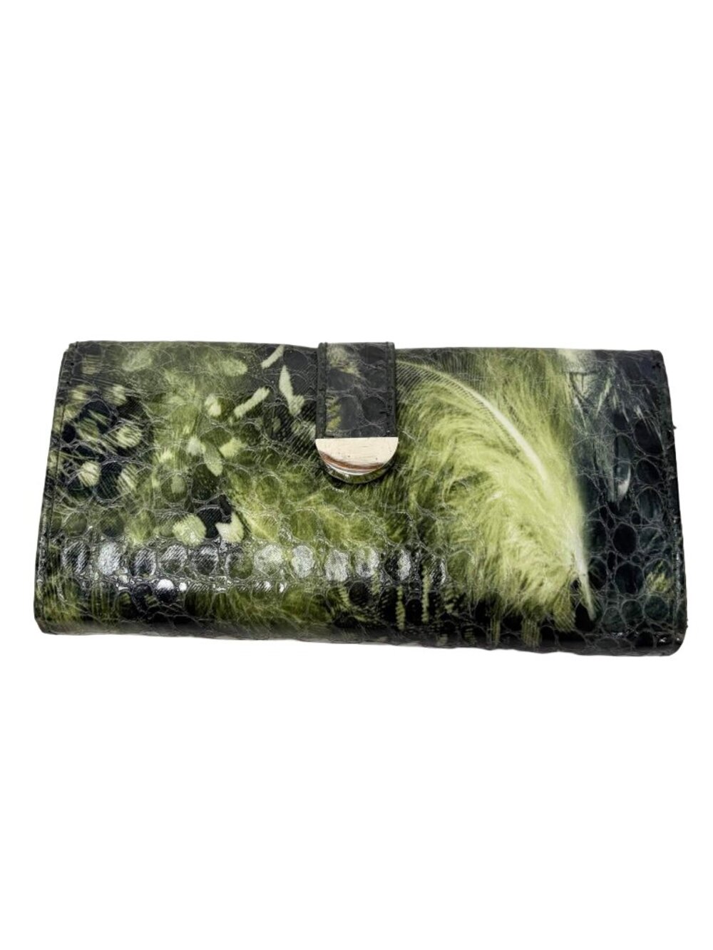 Vintage Hato Green Feather Snake Print Wallet Mirror Snap Zip Organizer Clutch